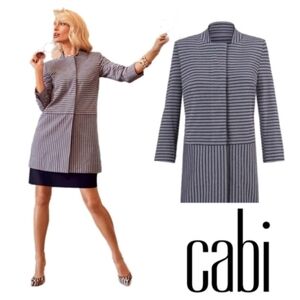 CAbi Size M Dappled Stripe Car Coat Gray/Navy Button Front Pockets Stretch Knit
